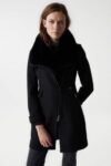 Manteau 3/4 drap de laine noir avec col fourrure  "Grace"- Salsa