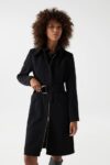 Manteau long  noir en gabardine avec ceinture   - Salsa